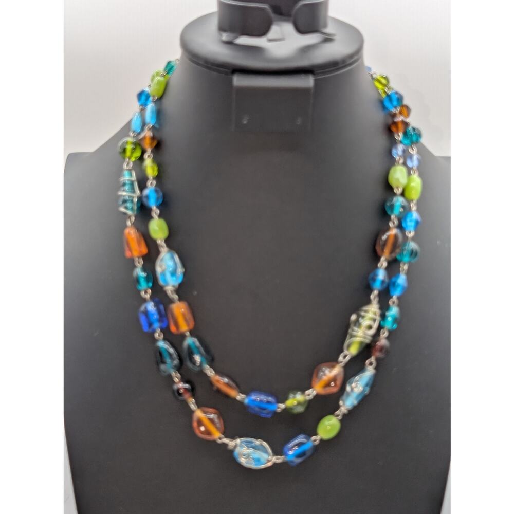 Vintage Silver Tone Wire Wrapped Multi-Color Glass Bead Double Strand Necklace